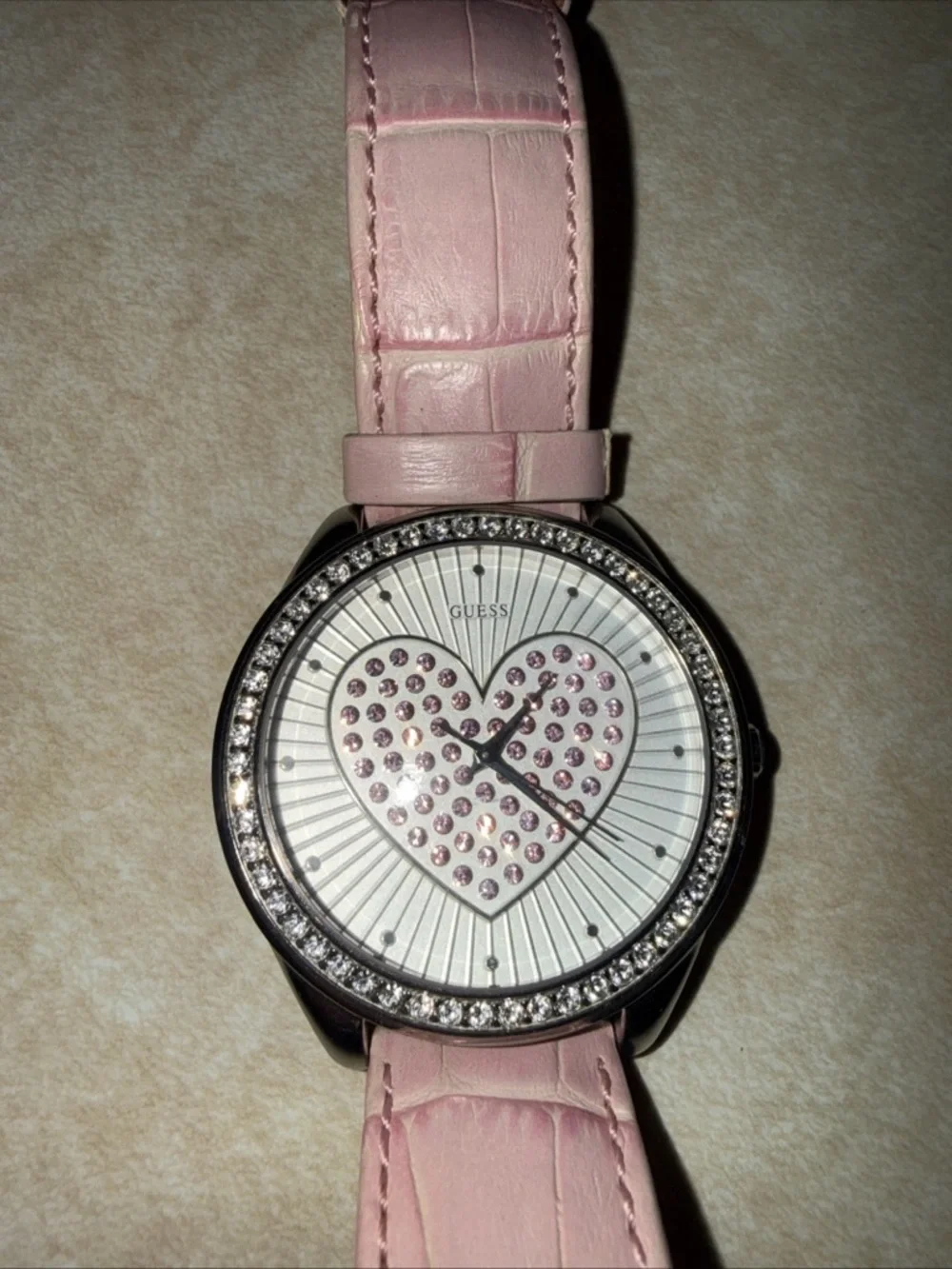 GUESS Women's Large Faced Heart Gemmed Pink Leather Band Stainless Steel Quartz